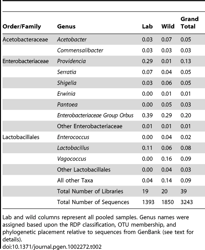 Proportions of abundant genera within laboratory and wild-collected <i>Drosophila</i>.