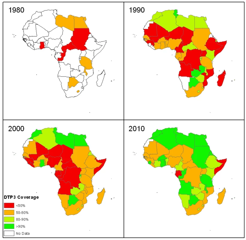 Colour-coded maps of Africa showing national coverage with the third dose of the diphtheria-tetanus-pertussis vaccine (DTP3) at the end of each decade since 1974.