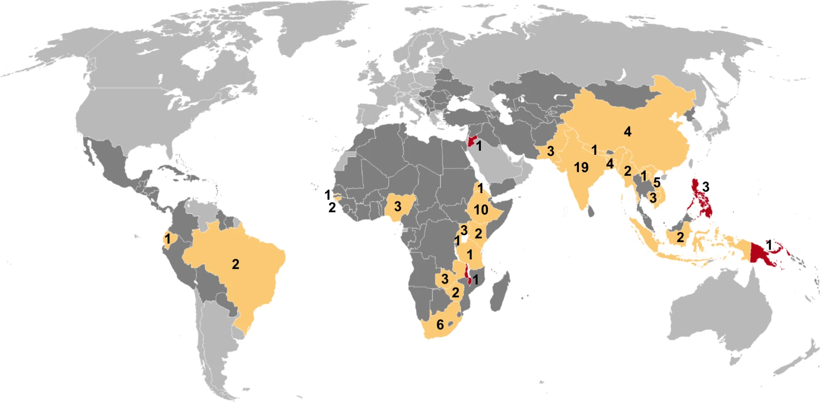 Global map showing countries in which prevalence surveys have been conducted.