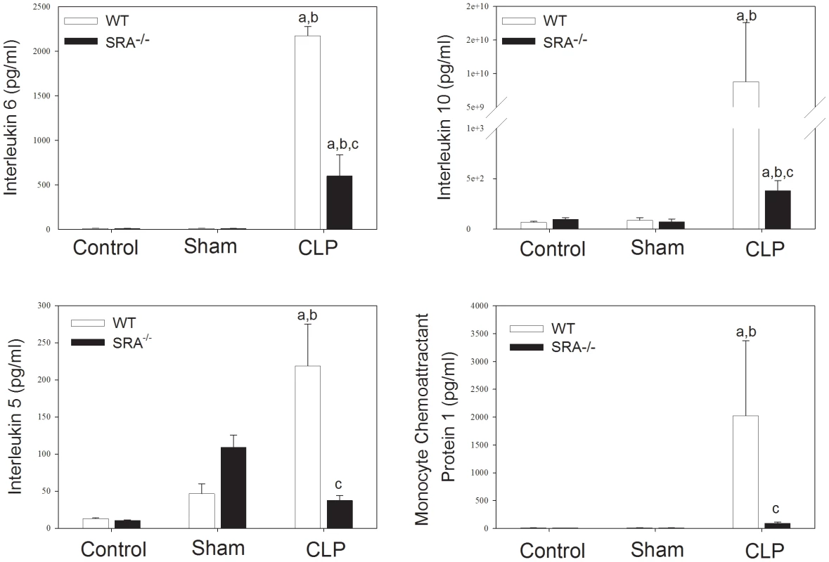Systemic cytokine levels are attenuated in SRA<sup>−/−</sup> when compared to wild type control mice.