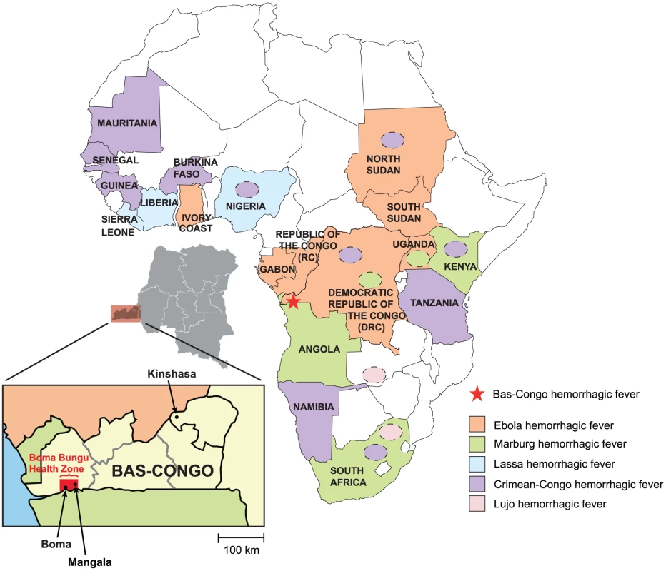 Map of Africa showing countries that are affected by viral hemorrhagic fever (VHF) outbreaks.