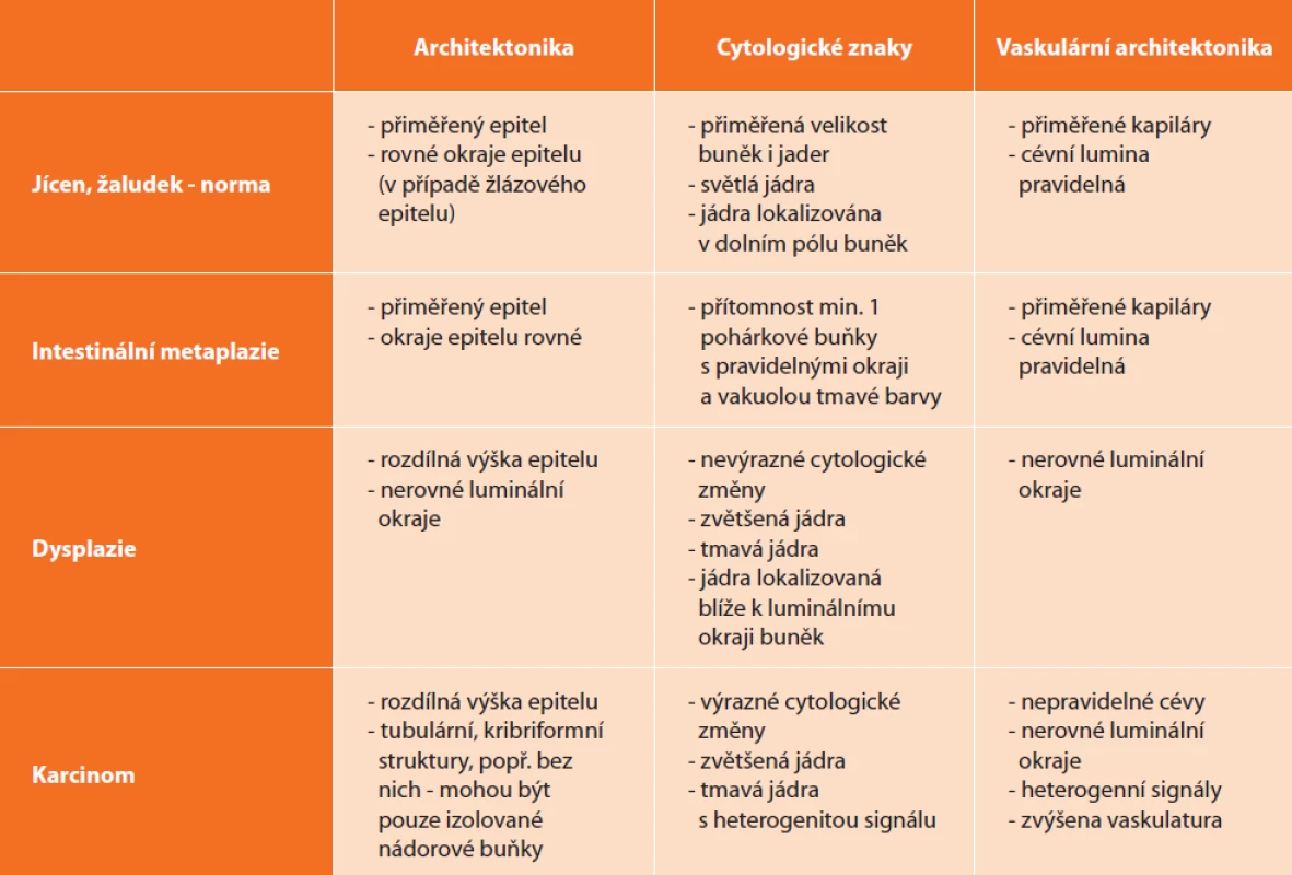 Diagnostická kritéria CLE používaná v diagnostice lézí jícnu a žaludku<br>
Tab. 4: Diagnostic criteria for CLE used in the diagnosis of the lesions of esophagus and stomach