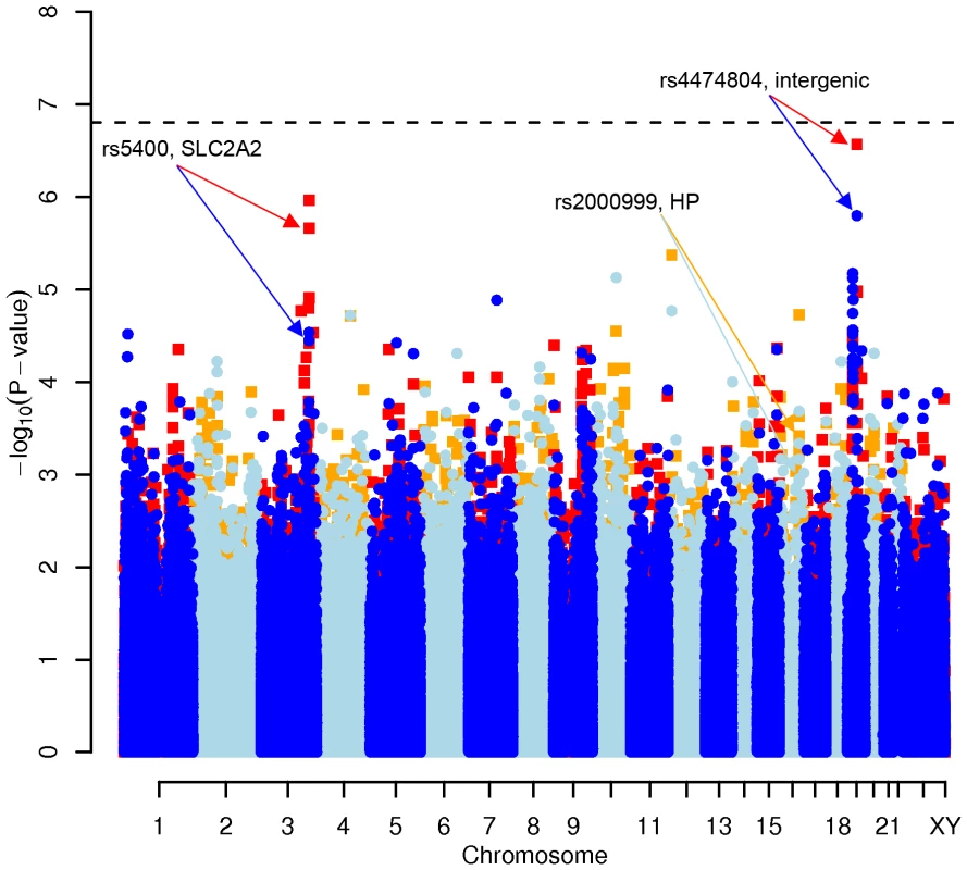 Manhattan plot of genome-wide effects on total cholesterol levels in the Swedish discovery cohort.
