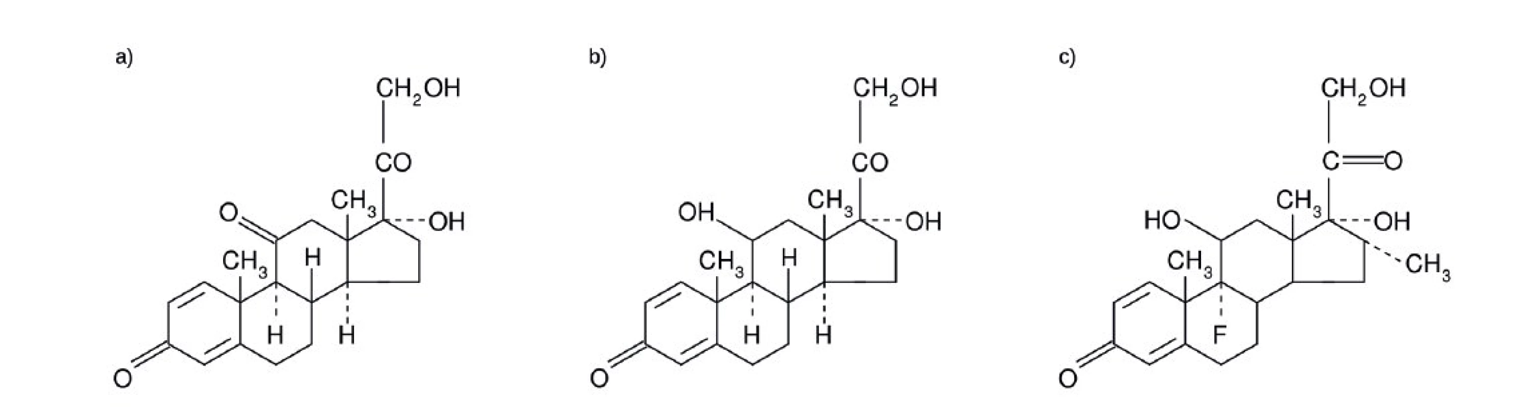 a, b, c. Struktura 4a) prednisonu, 4b) prednisolonu a 4c) dexamethasonu.