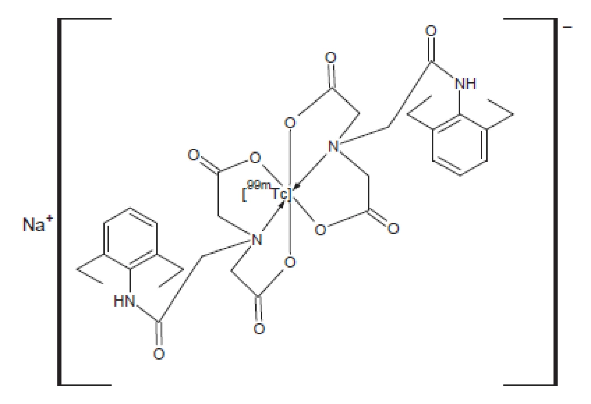 &lt;i&gt;Struktura [&lt;sup&gt;99m&lt;/sup&gt;Tc]technecium-EHIDA. Možné názvy IUPAC: N-(2,6-diethylacetanilido)iminodioctová kyselina, [(2,6-diethylfenylkarbamoyl) methyl]iminodioctová kyselina.&lt;/i&gt;