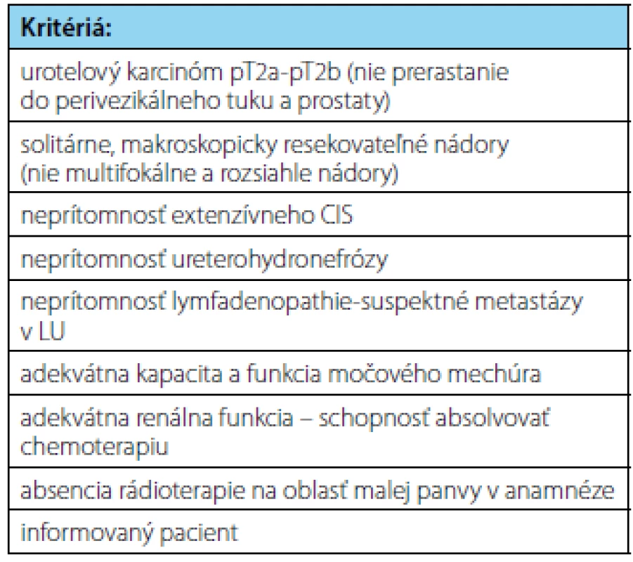 Kritériá na výber pacientov na trimodálnu liečbu so zachovaním močového mechúra (15)
Tab. 4. Patient selection criteria for trimodality treatment with bladder sparing