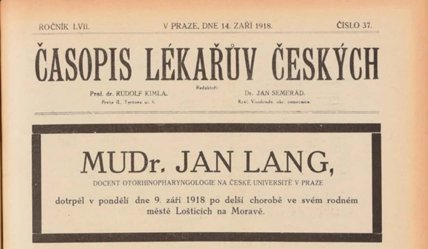 Nekrolog Jana Langa na titulní straně Časopisu lékařův českých ze dne 14. září 1918