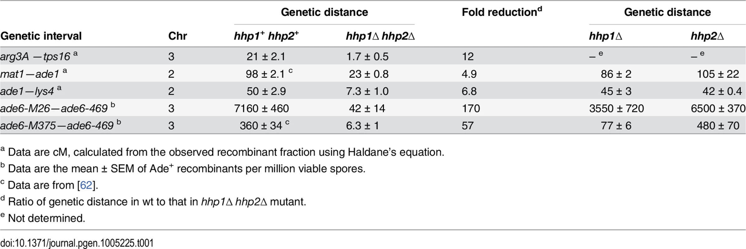 Meiotic recombination depends on redundant Hhp1 and Hhp2 kinases.
