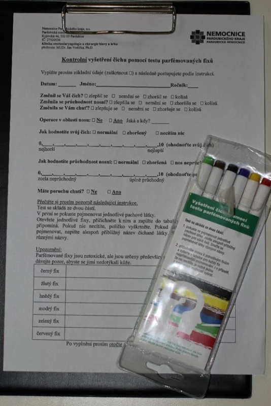 Formulář a fixy k vyšetření čichu pomocí Testu parfémovaných fixů (OMT – Odourized markers test)