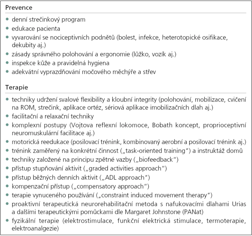 Přehled preventivních a terapeutických rehabilitačních postupů u nemocných se syndromem centrálního motoneuronu [57].