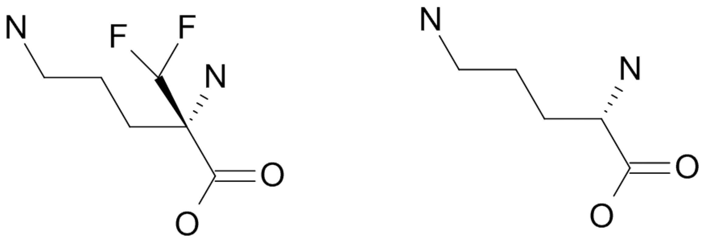 Eflornithine (left) is a derivative of ornithine (right).