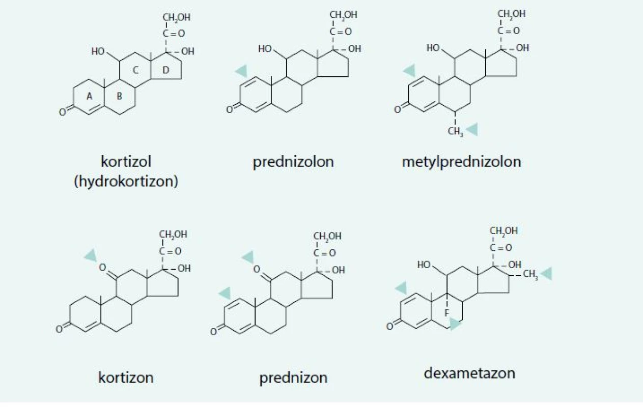 Strukturní vzorce základních syntetických glukokortikoidů používaných k systémové kortikoterapii