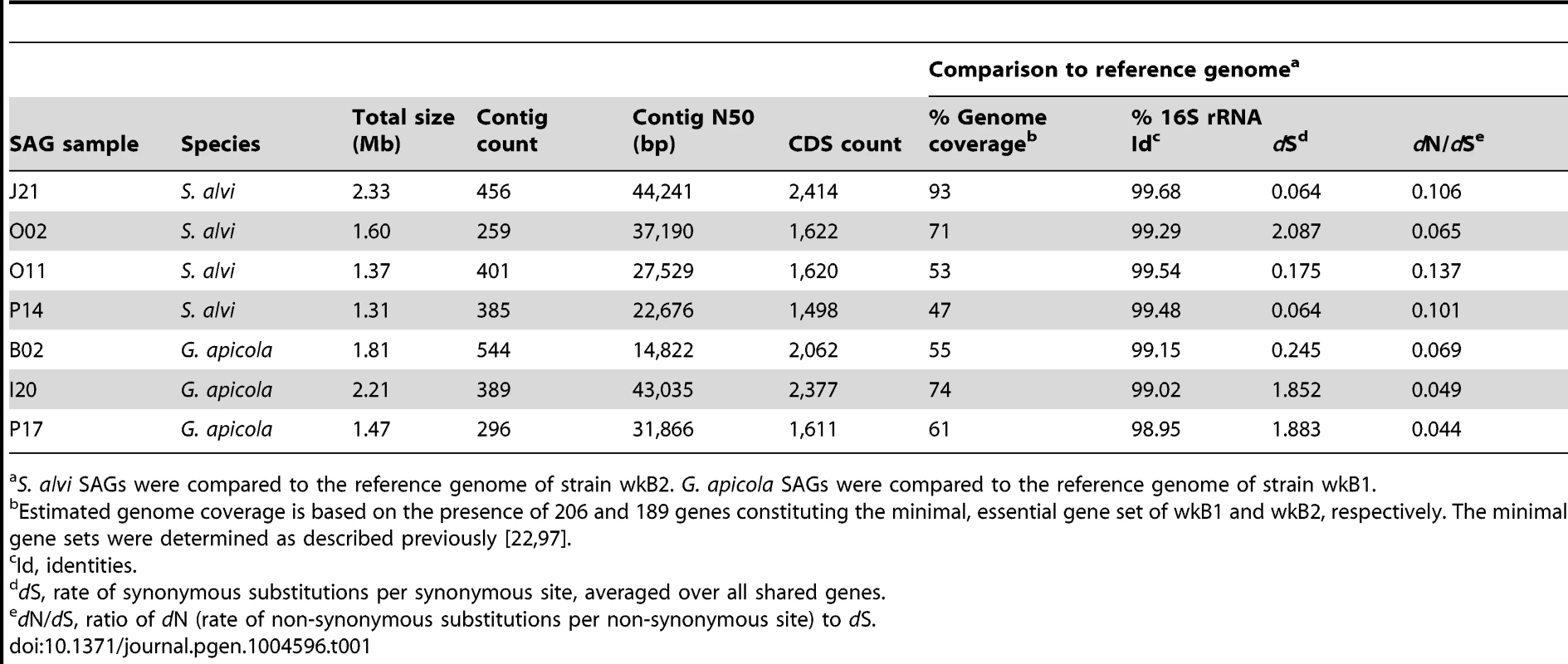 Genome features of SAGs and comparisons to their reference genome.