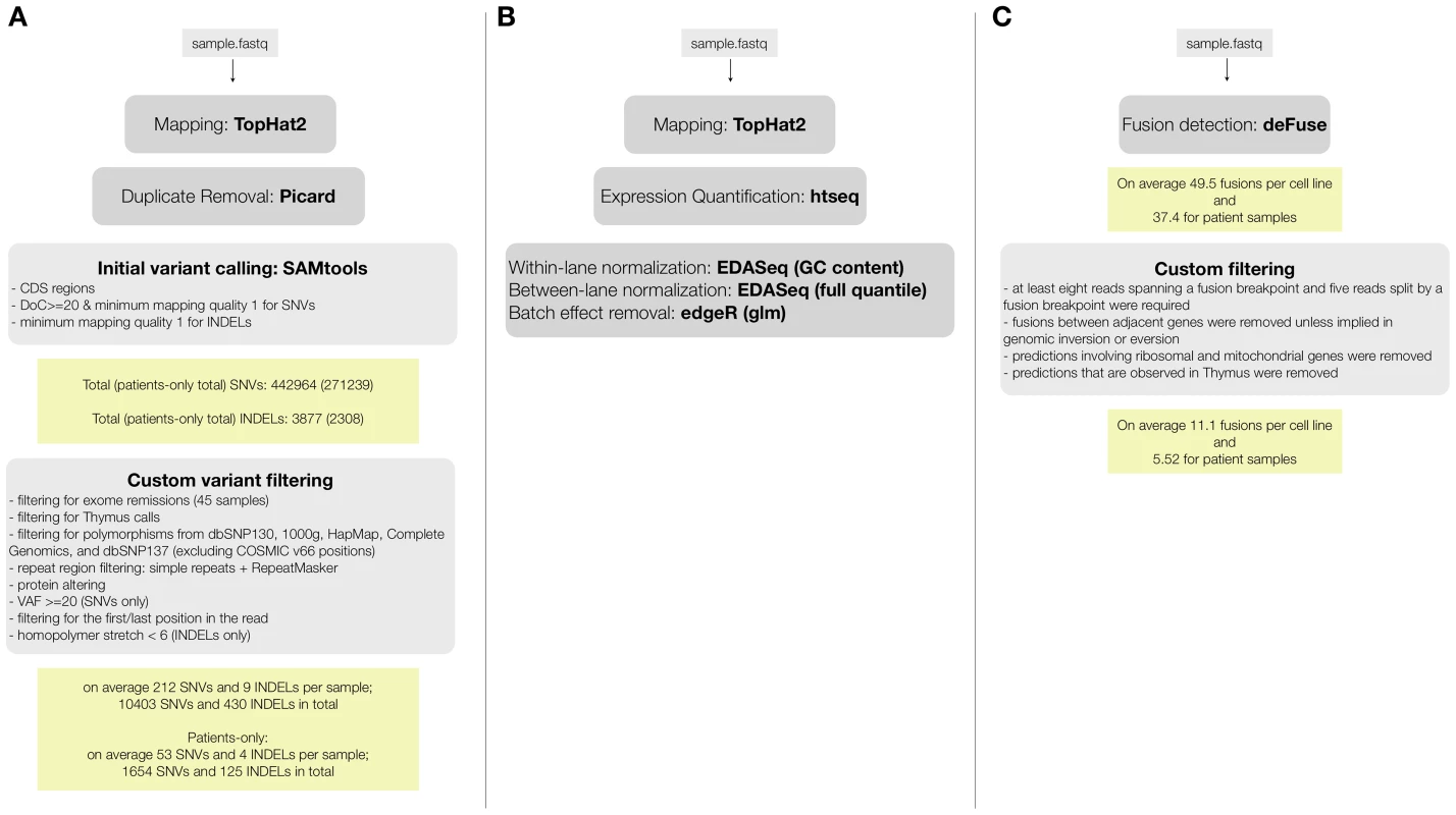 RNA-seq data analysis pipelines for (A) variant calling and filtering to detect point mutations, (B) fusion detection and annotation, (C) gene expression analysis.