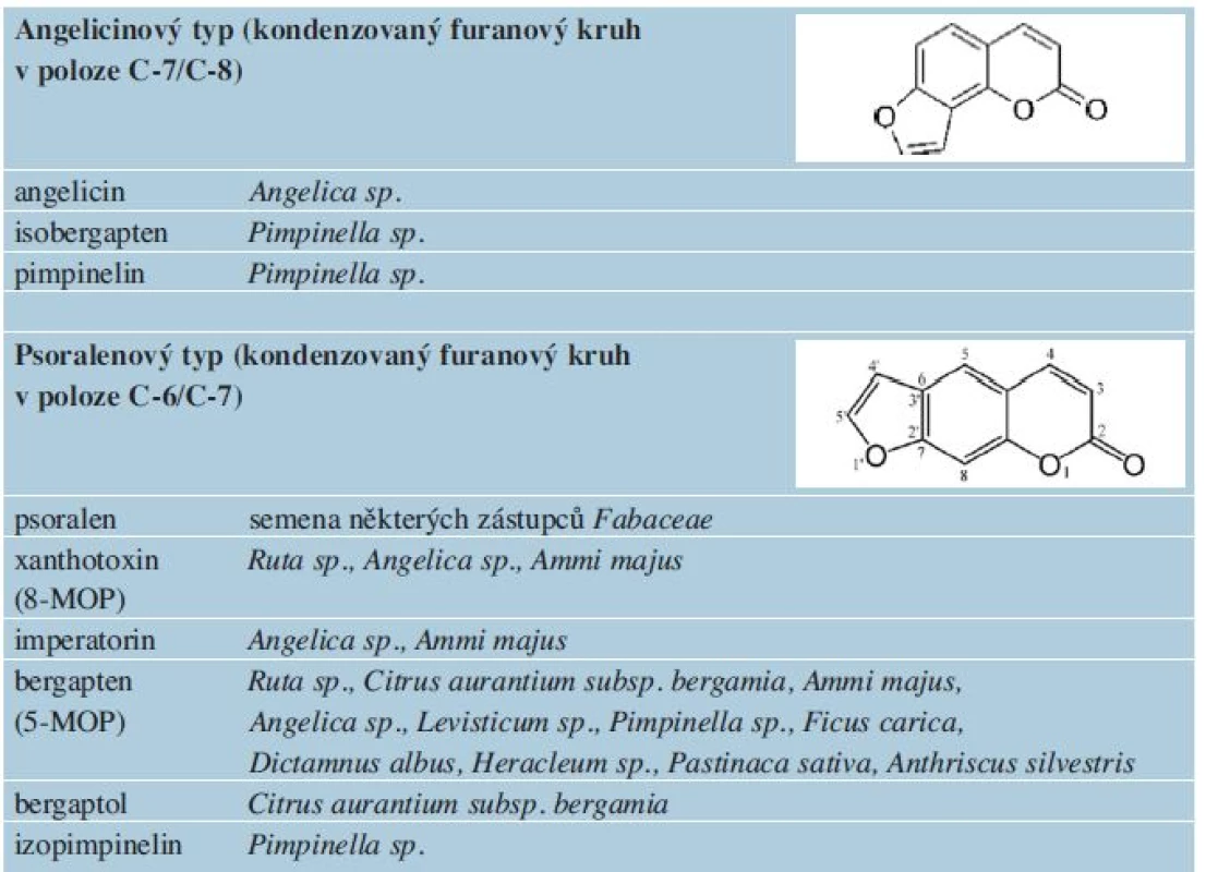 Přehled tricyklických furokumarinů a jejich přítomnost v některých rostlinách [21, 49]