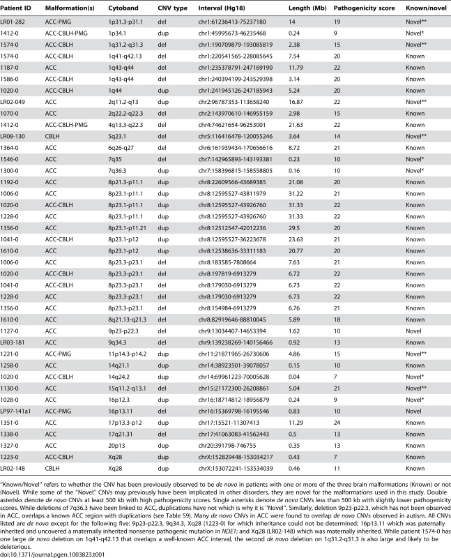 List of <i>de novo</i> and likely deleterious brain malformation CNVs ordered by their cytogenetic bands.