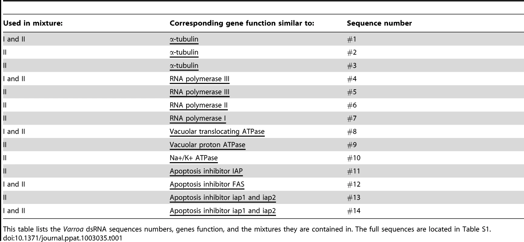 List of <i>Varroa</i> dsRNA sequences used in <i>Varroa</i> gene silencing.