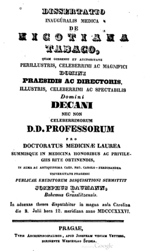 Titulní list disertace J. Baumanna „De nicotiana tabaco“ z roku 1836