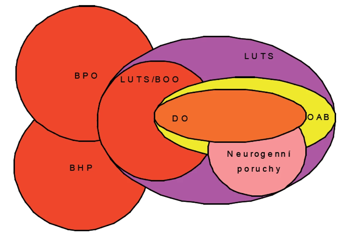 Vztah jednotlivých skupin a podskupin symptomů dolních močových cest u mužů
BPO – benigní prostatická obstrukce;
BHP – benigní hyperplazie prostaty;
DO – hyperaktivita detruzoru;
LUTS/BOO – symptomy dolních močových cest způsobené obstrukcí dolních močových cest
OAB – hyperaktivita močového měchýře; 
LUTS – symptomy dolních močových cest;
