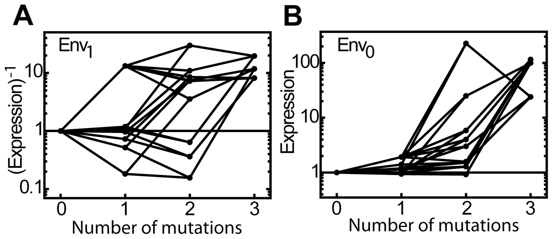 Mutational effects on expression in both environments.