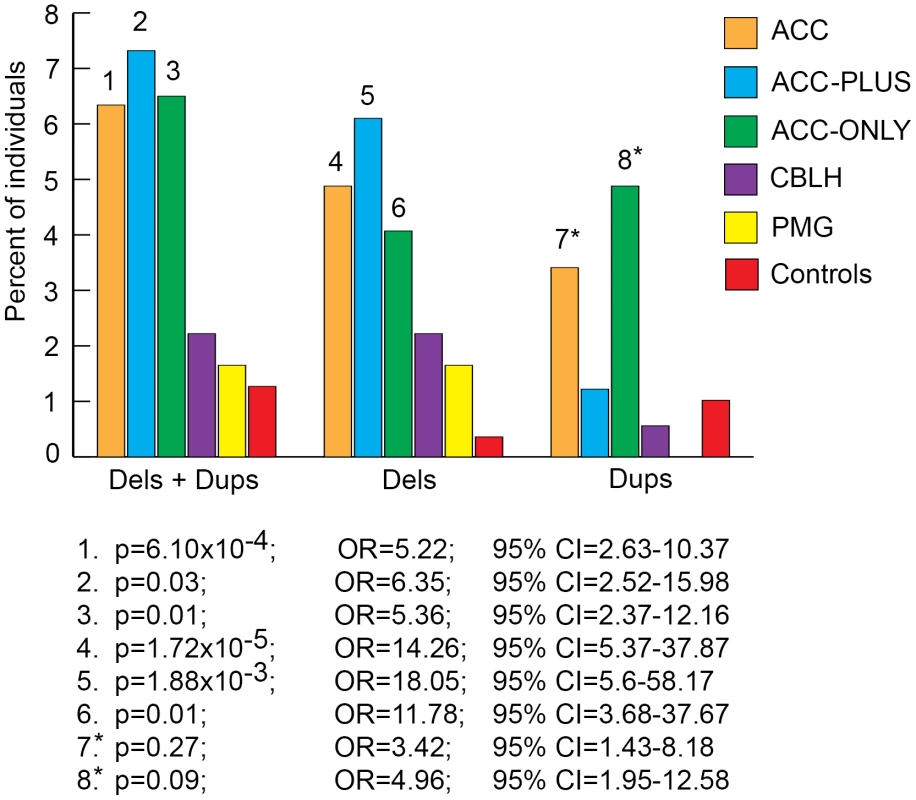 Genome-wide burden of rare CNVs≥1 Mb that impacted ≥20 genes in brain malformation patients and controls.