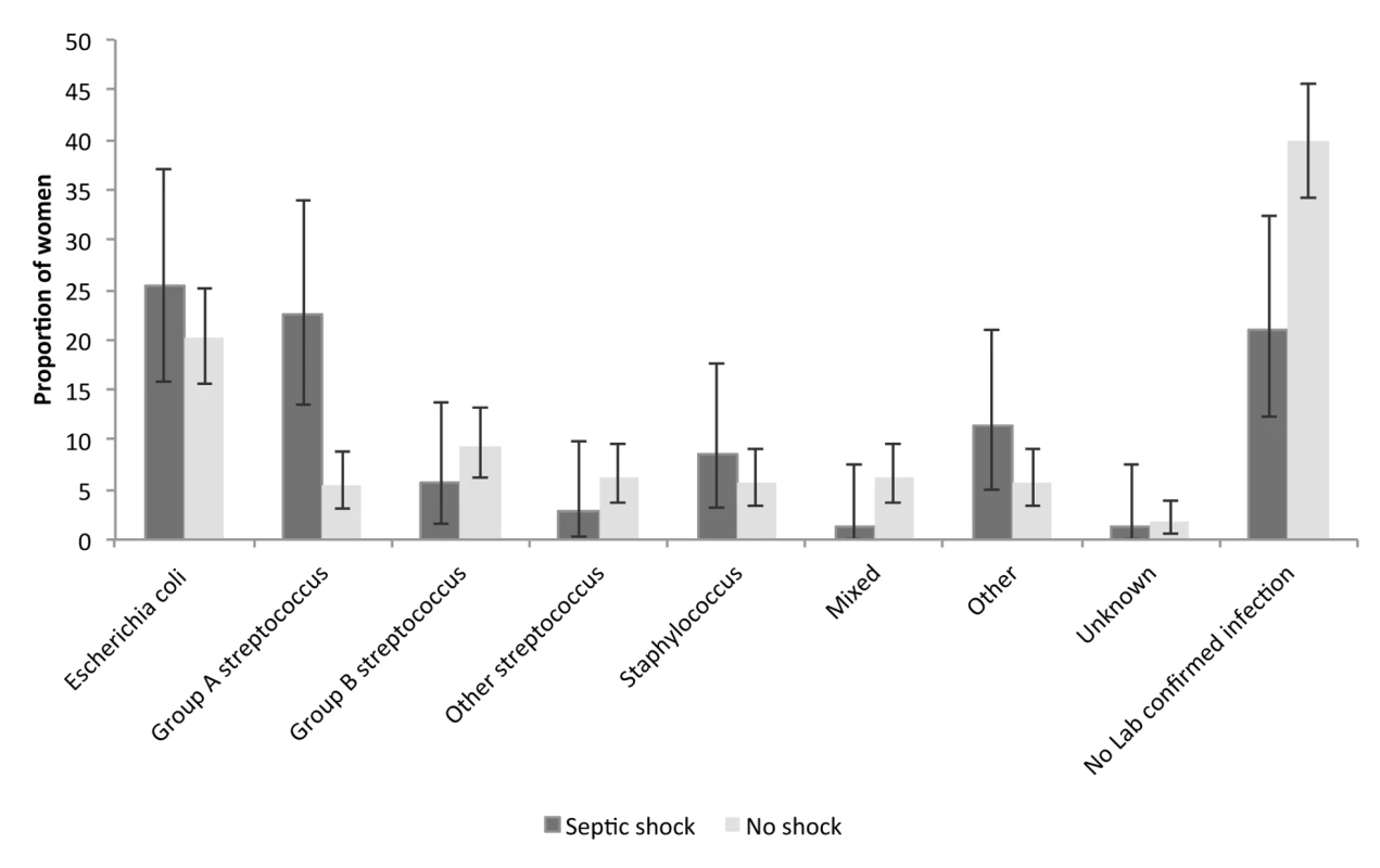 Distribution of causative organisms according to septic shock diagnosis.