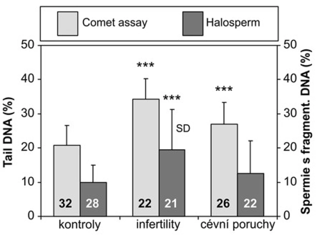 Srovnání výsledků kometového testu a Halospermu u kontrolních jedinců, pacientů s infertilitou a cévními poruchami mužských pohlavních orgánů. SD – směrodatná odchylka; ***p &lt; 0,001; čísla ve sloupcích uvádějí počet vyšetřených jedinců
Fig. 5. Comparison of the results between the comet assay and chromation dispersion assay (Halosperm) in the control subjects and the patients with infertility or vascular disorders of the male reproductive organs. SD – standard deviation; *** p &lt; 0.001; numbers in the columns indicate the number of analyzed subjects