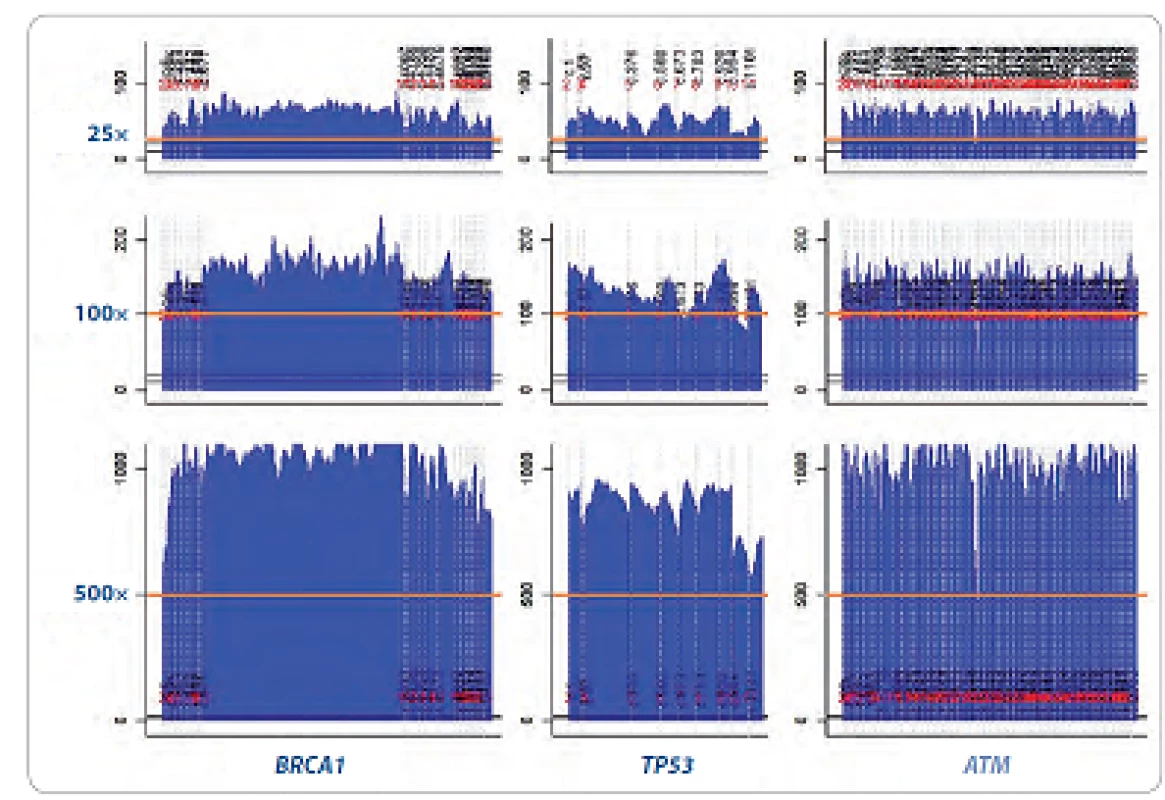 Homogenita pokrytí u třech vybraných genů z CZECANCA panelu (<em>BRCA1</em>, <em>TP53</em> a <em>ATM</em>) při různé cílené hloubce sekvenačního pokrytí (coverage: 25×, 100×, 500×; oranžová linka).
