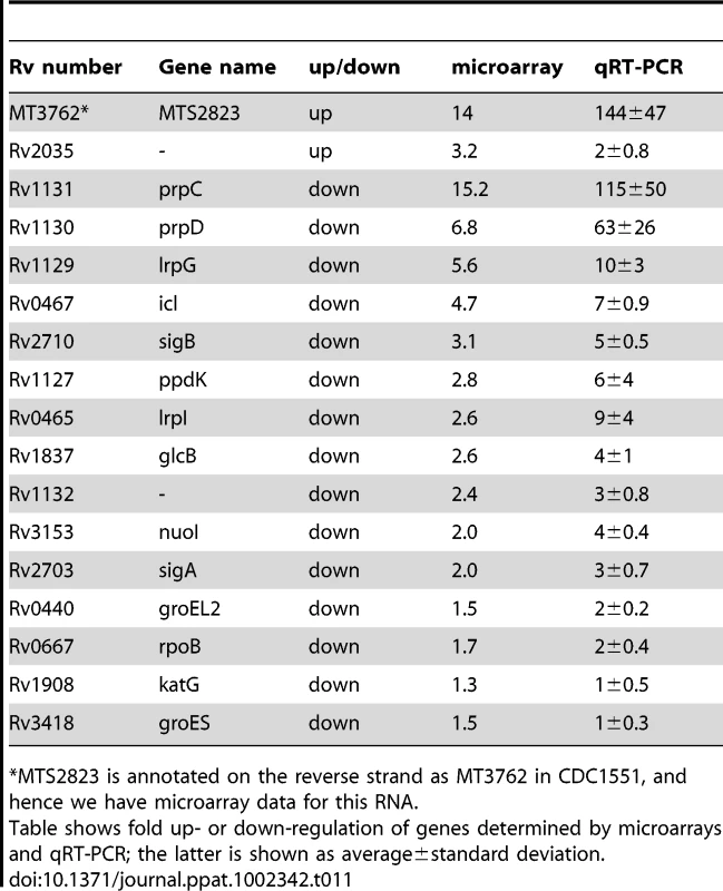 Expression of selected genes upon over-expression of MTS2823.