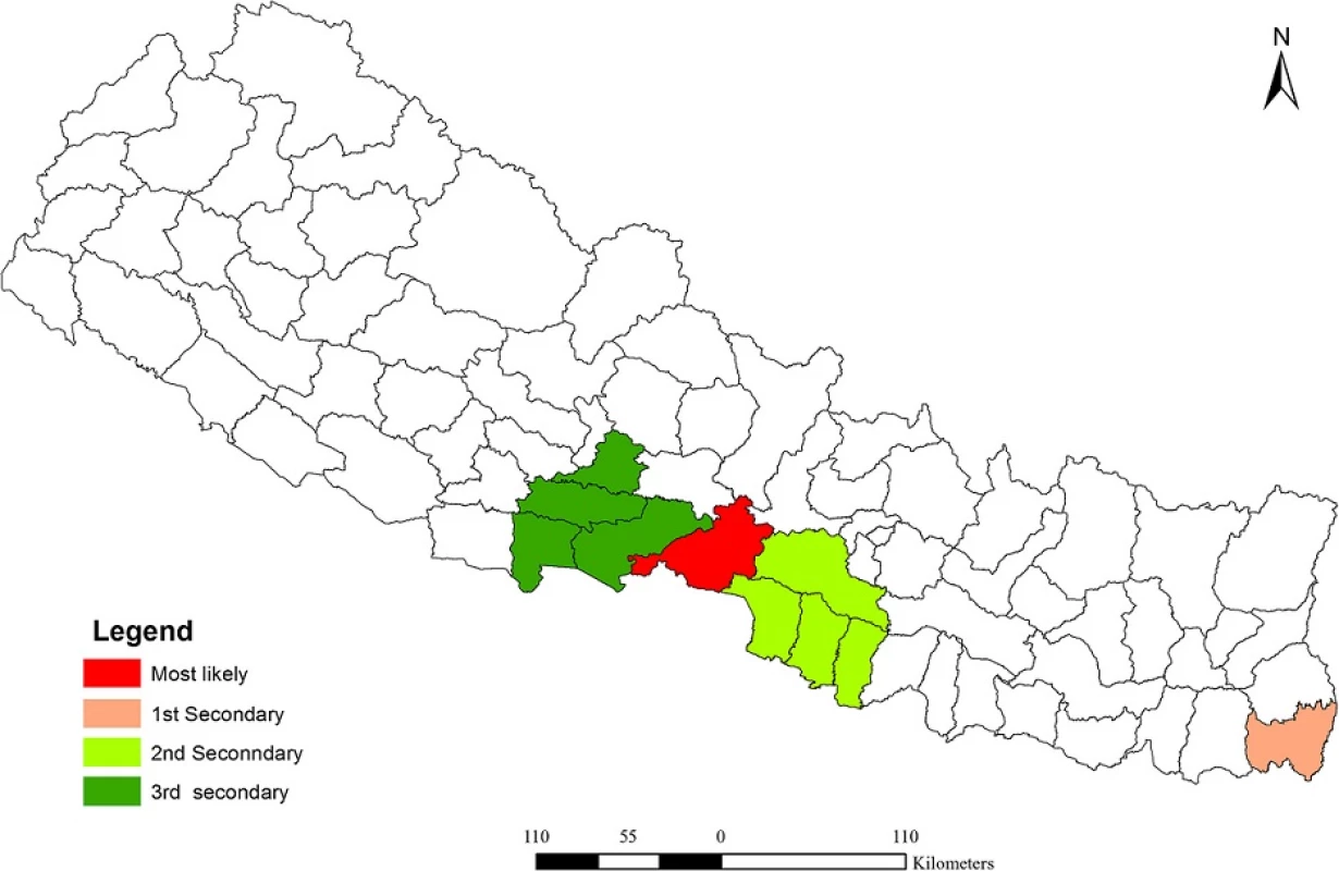 Distribution of spatial clusters of dengue fever in Nepal (2010–2014)