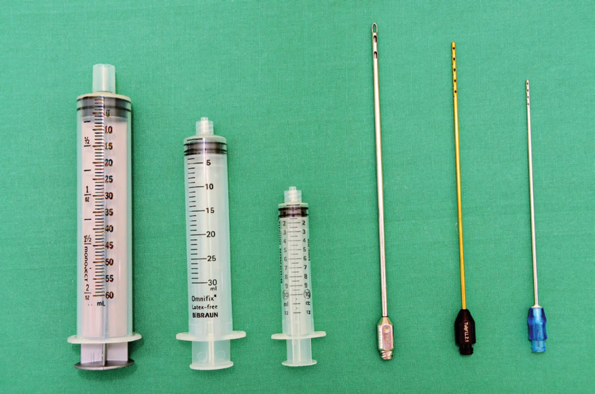 Harvesting cannulas and syringes. From the right to the left: 1) 60 ml “Toomey” syringe – part of PureGraft™ set, 2) 30 ml luer-lock syringe – used in our department for breast lipomodelling, 3) 10 ml luer-lock syringe – used in our department for harvesting for facial fat grafting or for application during breast lipomodelling, 4) harvesting cannula with a diameter of 3.5 mm and length 17cm with 6 openings on the apex (PLA187 model, Pouret Medical, France) – used for breast lipomodelling, 5) Tulip harvesting cannula for microfat grafting, Sorensen type – reusable, and 6) single use harvesting cannula from “St’rim” set from the Thiebaud company used for microfat grafting