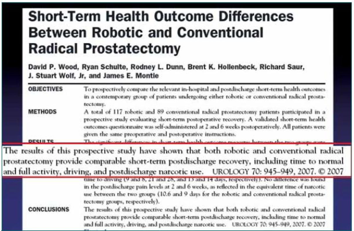 Citace publikace prokazující srovnatelné výsledky potřeby léků proti bolesti, rekonvalescence a návratu k běžným aktivitám po otevřené i roboticky asistované radikální prostatektomii.