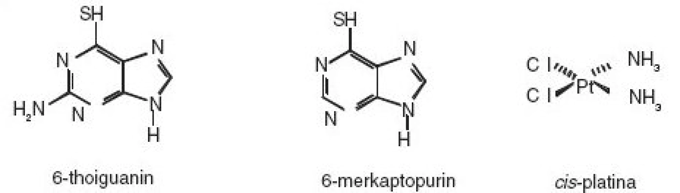 Strukturní vzorce protinádorových léčiv 6-thioguaninu, 6-merkaptopurinu a cis-platiny
