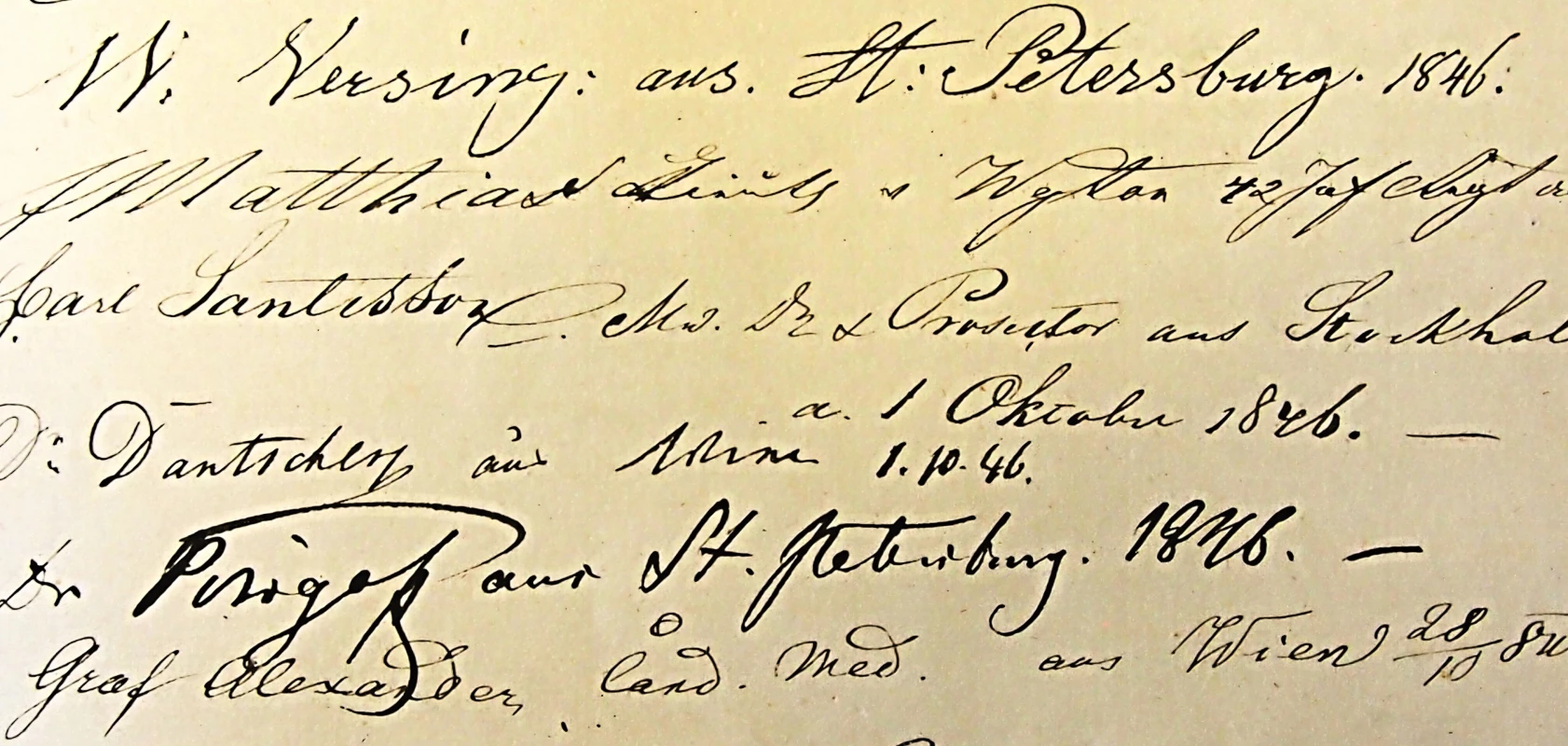Podpis Pirogova v pamětní knize Anatomického ústavu, Praha, 1846