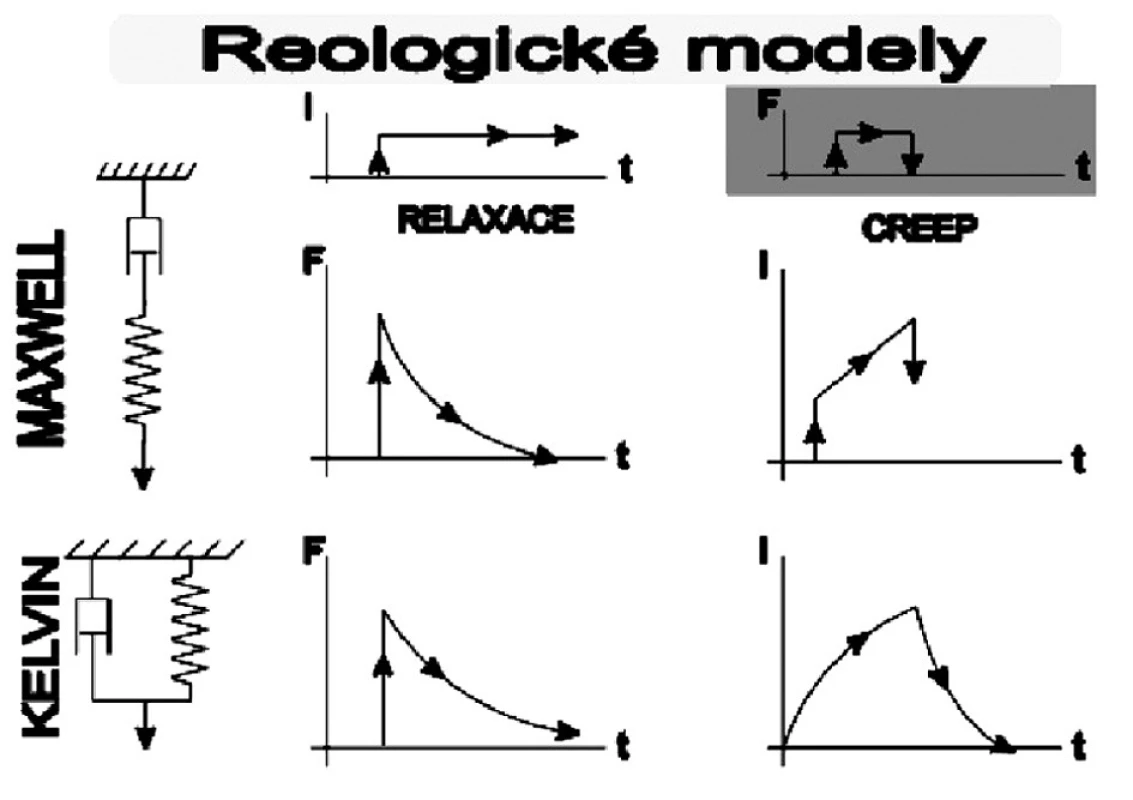 Dvě reologická schémata, modelující jevy relaxace napětí a tečení viskoelastických tkání (upraveno z 19).