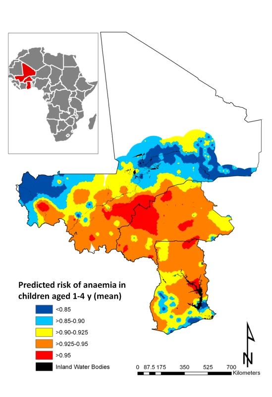Predictive geographical risk of anaemia in children aged 1–4 y, based on a model-based geostatistical Bernoulli model.