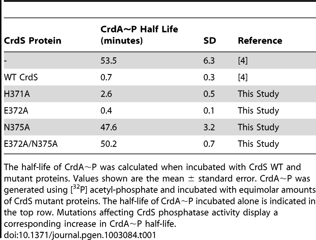 Stability of CrdA∼P in the Presence of CrdS Mutant Proteins.