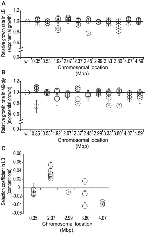 Relative fitness of mutants with deletion of different chromosomal regions.