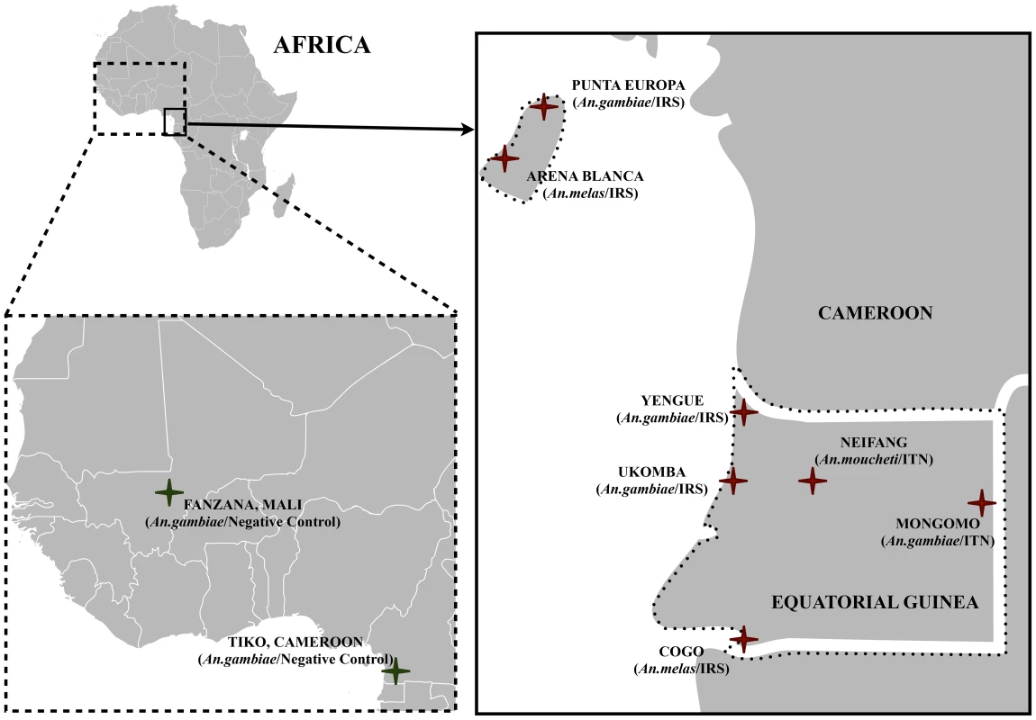 A map indicating the seven study sites in Equatorial Guinea.
