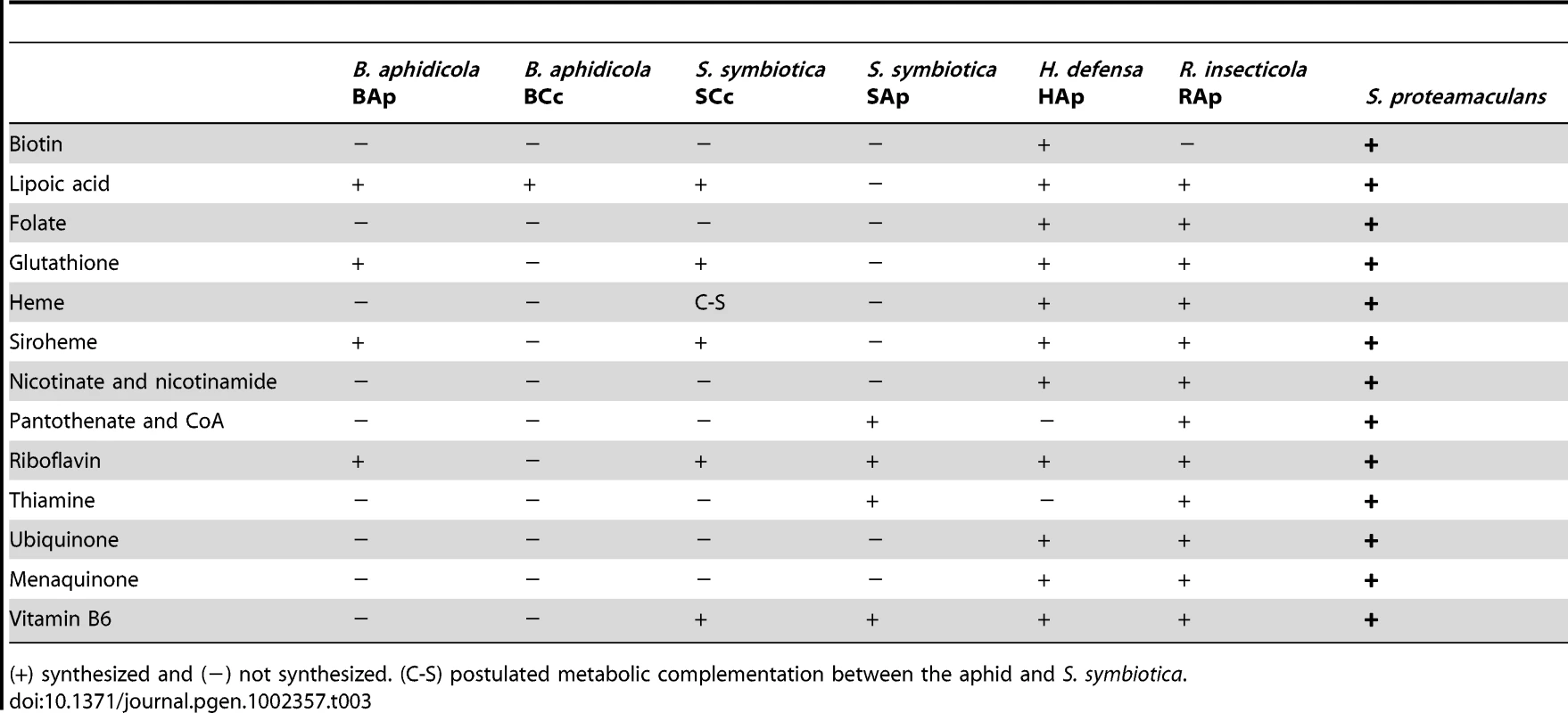 Metabolic capacity of cofactor and vitamin synthesis by selected endosymbionts and free-living bacteria.