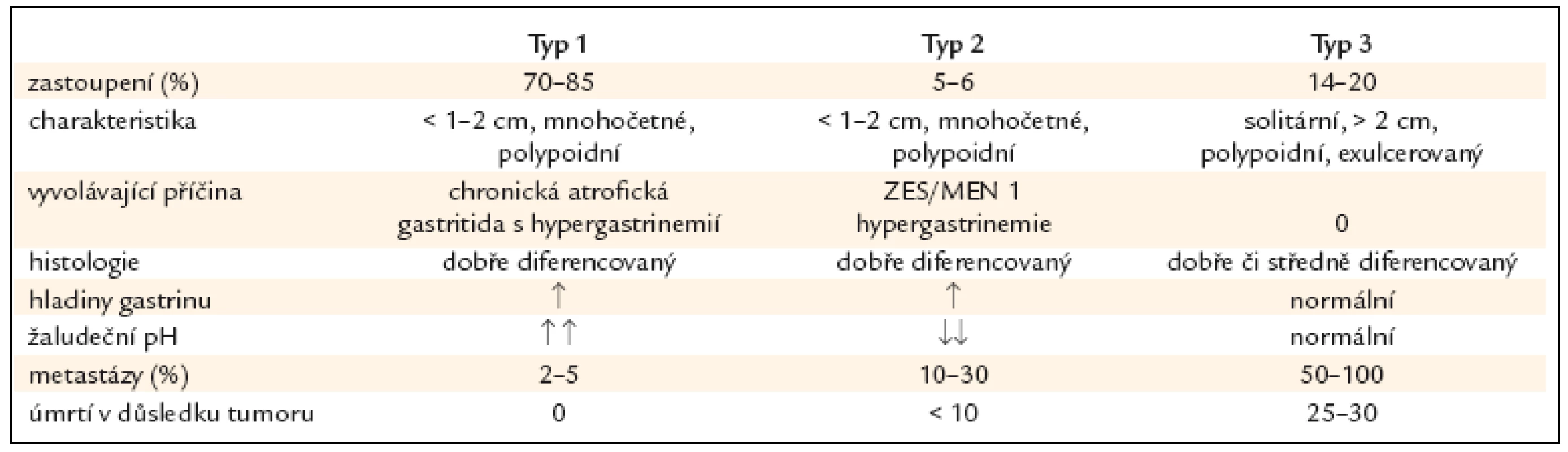 Obecné charakteristiky žaludečních neuroendokrinních nádorů typu 1–3.
