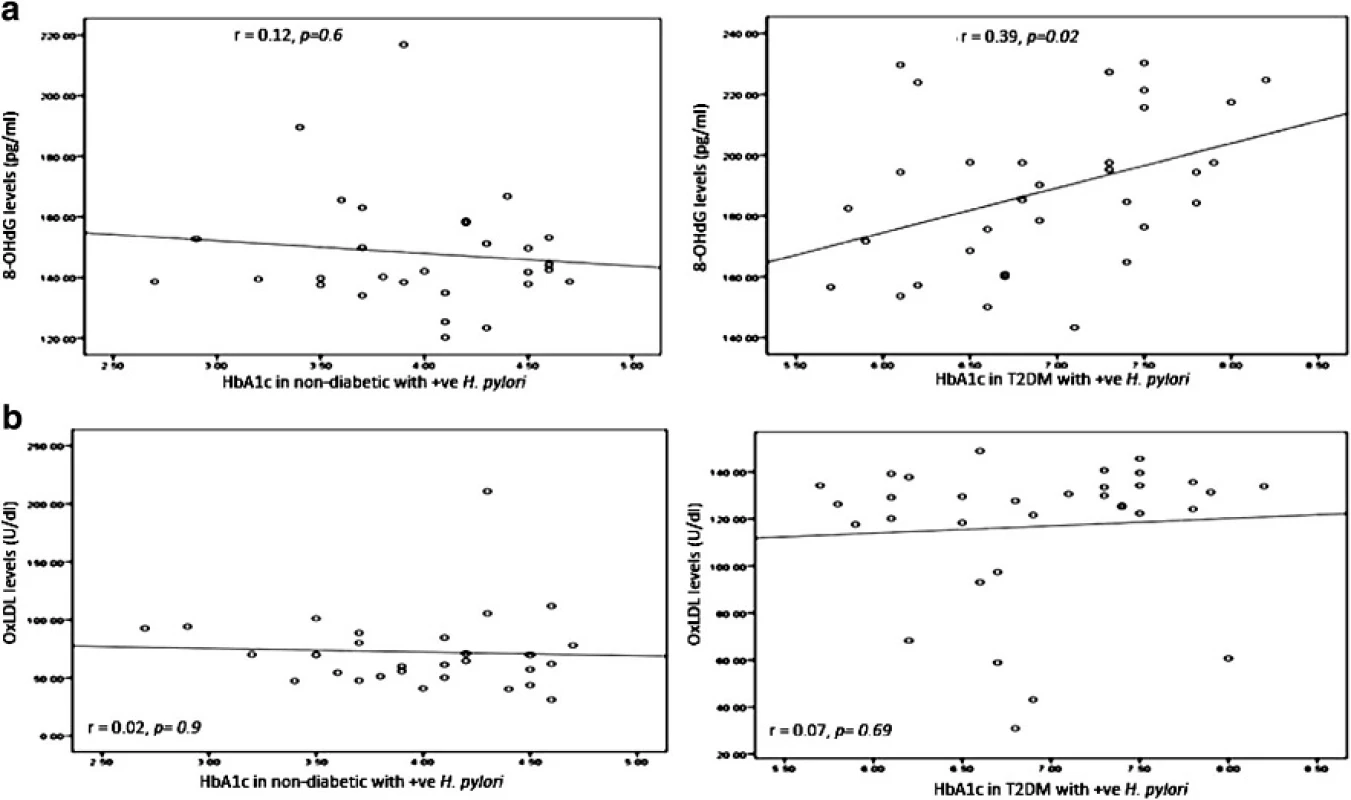 Correlation between HbA1c in non-diabetic and diabetic patients with positive H. pylori (expressed in %) and a DNA damage 8-OHdG (expressed in pg/ml). b Oxidized LDL (expressed in U/dL). The levels of 8-OHdG or Ox-LDL (&lt;i&gt;y axis&lt;/i&gt;) were correlated with those of HbA1c (&lt;i&gt;x axis&lt;/i&gt;). An association was observed between HbA1c in diabetic patients with positive &lt;i&gt;H. pylori&lt;/i&gt; and 8-OHdG (r = 0.39, p = 0.02). No association was observed between HbA1c in non-diabetic and diabetic patients with positive &lt;i&gt;H. pylori&lt;/i&gt; and Ox-LDL. Based on the simple linear regression of cases with positive &lt;i&gt;H. pylori&lt;/i&gt; in non-diabetic and diabetic patients