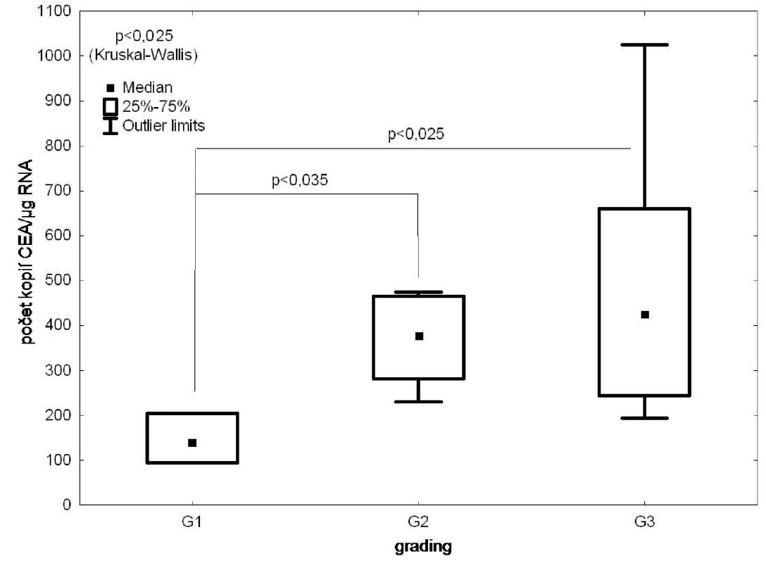 RT PCR/CEA ve vzorcích kostní dřeně versus grading nádoru
Fig. 4: CEA expression in the bone marrow samples according to the tumour grading