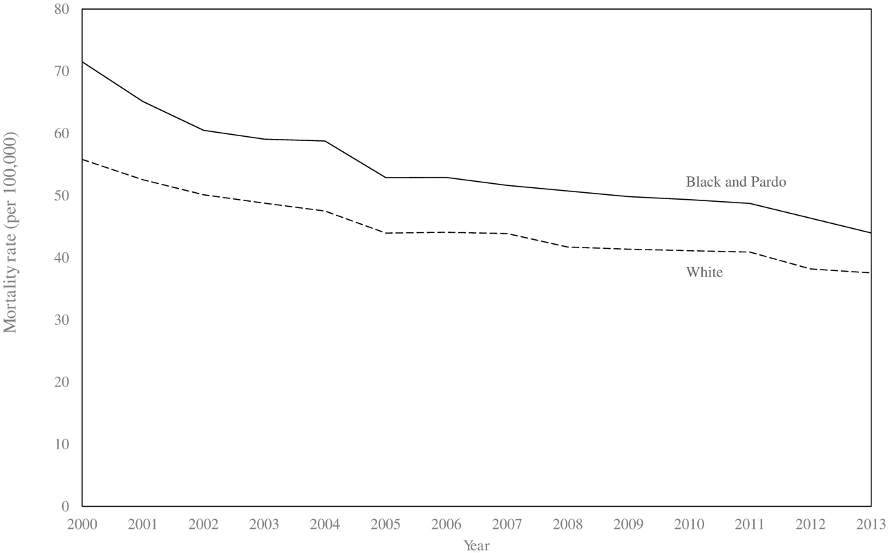 Age-standardised mortality rates for ambulatory-care-sensitive conditions in black/<i>pardo</i> and white populations in Brazil (2000–2013).