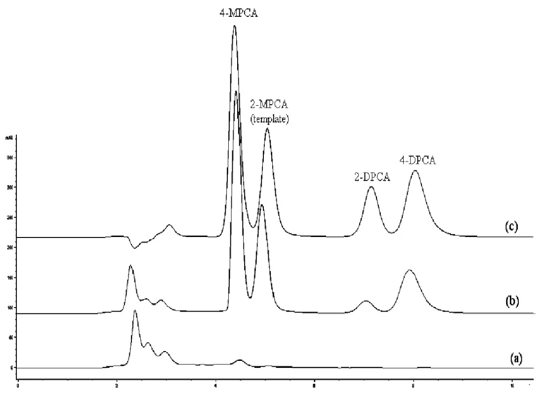 Chromatografické záznamy vzorky ľudskej plazmy bez pridania študovaných látok po SPE na MIP2 (a), vzorky ľudskej plazmy po pridaní študovaných látok (1 μg/ml) po SPE na MIP2 (b), zmes štandardov (metanolický roztok, 10 μg/ml každého analytu) (c) Kolóna: Separon SGX C18. Mobilná fáza: metanol/acetonitril/ kyselina octová/dietylamín (80/20/0.1/0.1, v/v/v/v), izokratická elúcia. Prietok 0,5 ml/min. Detekcia DAD, 240 nm. Dávkovaný objem 50 μl.