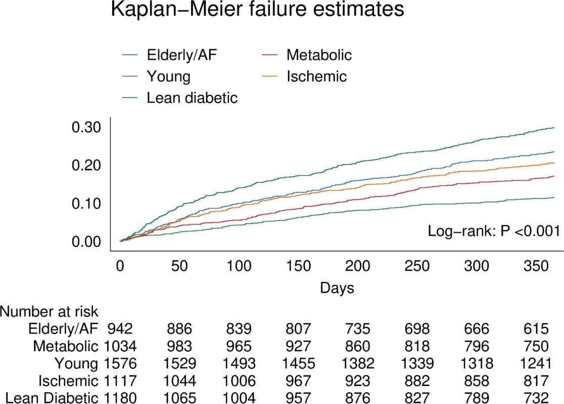 Kaplan–Meier curve showing differences for the primary combined outcome of all-cause mortality and HF-related hospitalization within 1 year across multimorbidity groups.