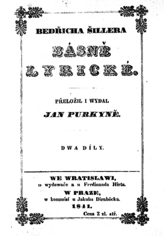 Titulní strana Purkyňova překladu Schillerových básní vydaných ve Vratislavi