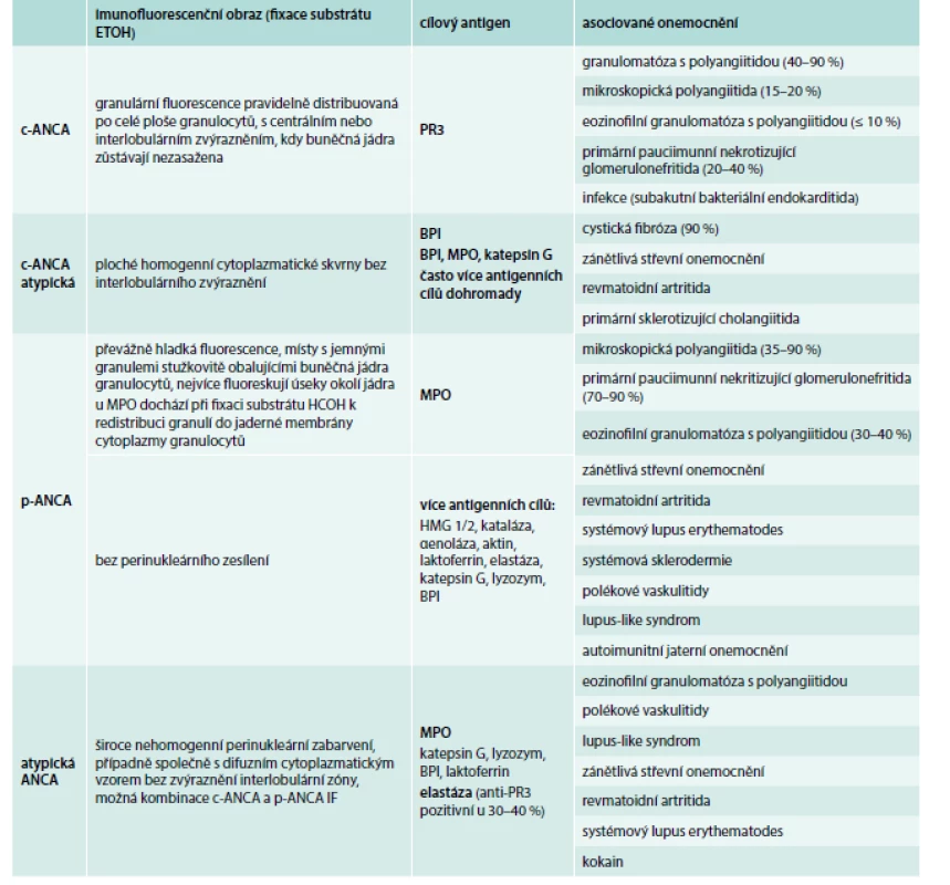 Imunofluorescenční nález, antigen, specifita a klinická asociace.