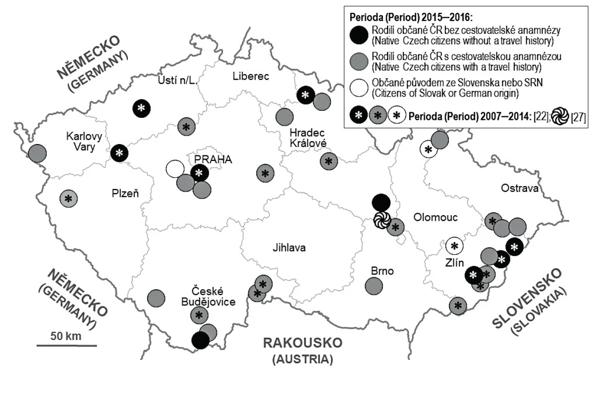 Výskyt humánní alveolární echinokokózy na území ČR v období 2007–2016 podle bydliště a cestovatelské anamnézy pacientů.
Údaje zahrnují čtyři publikované případy [21, 27–29], z nichž jeden byl prokázán post mortem. Aktualizace mapy výskytu AE v období 2007–2014 publikované Kolářovou et al. [22].
Figure 3. The occurrence of alveolar echinococcosis in the CR according the site of residence and a travel history of patients.
Map includes four cases already published data, of which one was detected post mortem [21, 27–29]. Update of the map on the occurrence of AE during 2007–2014 published by Kolářová et al. [22].