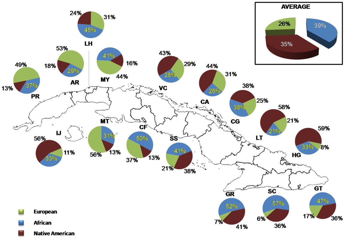Distribution of ancestral contributions in the total sample and stratified by province as inferred from mtDNA markers.